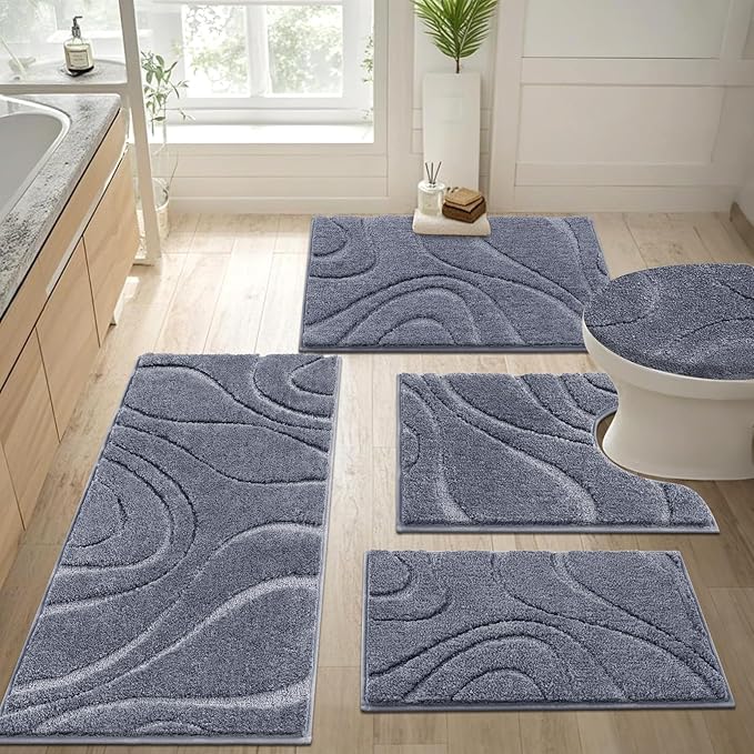 HEBE Bathroom Rugs Sets 5 Piece, Soft Absorbent Microfiber Bath Mat for Bathroom, Non Slip Washable Bath Rug Set with Toilet Cover, Bath Runner and U-Shaped Contour Toilet Rug, Dark Grey