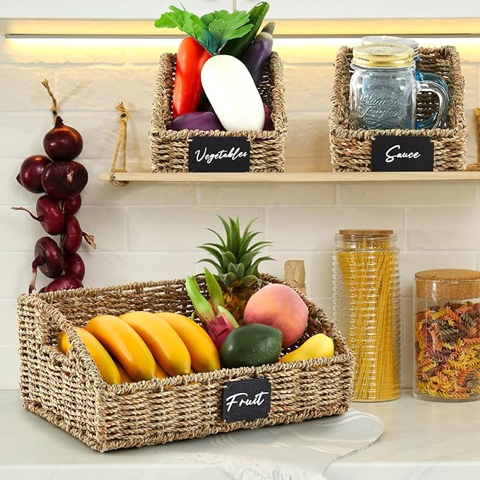 4 Pcs Natural Seagrass Storage Baskets Set Stackable Handwoven Wicker Storage Bins with Chalkboard Label Built-in Handles Woven Container Basket Kitchen Baskets for Shelves