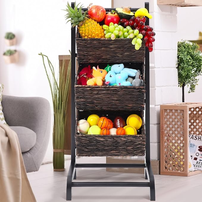 Menkxi Wicker 3 Tier Foldable Storage Basket Floor Rack with Market Storage Basket Water Hyacinth Storage Rack Hand Woven Laundry Rack for Bathroom Kitchen Laundry Room Living Room Storage (Brown)