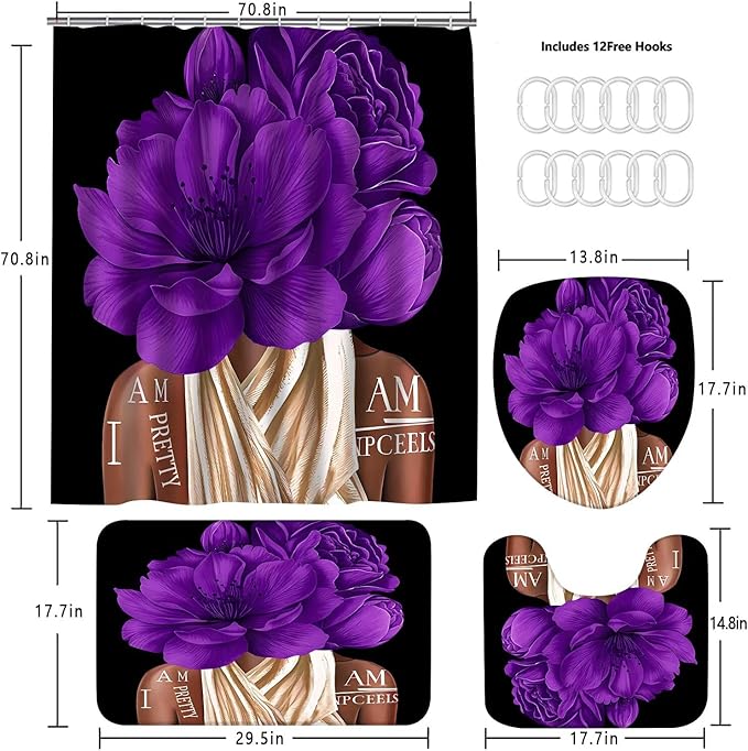 4 Pcs Purple Girl Shower Curtain Sets African American Woman Rose Floral Quotes Non-Slip Rugs Bath Mat Toilet Cover U Shaped Mat Shower Curtain with 12 Hooks Bathroom Set