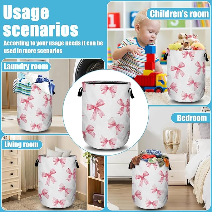 Pink Bow Laundry Basket, Laundry Hamper Collapsible Oxford Cloth with Handle Clothes Toy Storage Bin for Bathroom Laundry Room Bedroom 15.7 X 20 Inch