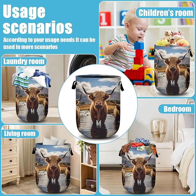 Scottish Highland Cattle Laundry Basket, Laundry Hamper Collapsible Oxford Cloth with Handle Clothes Toy Storage Bin for Bathroom Laundry Room Bedroom 15.7 X 20 Inch