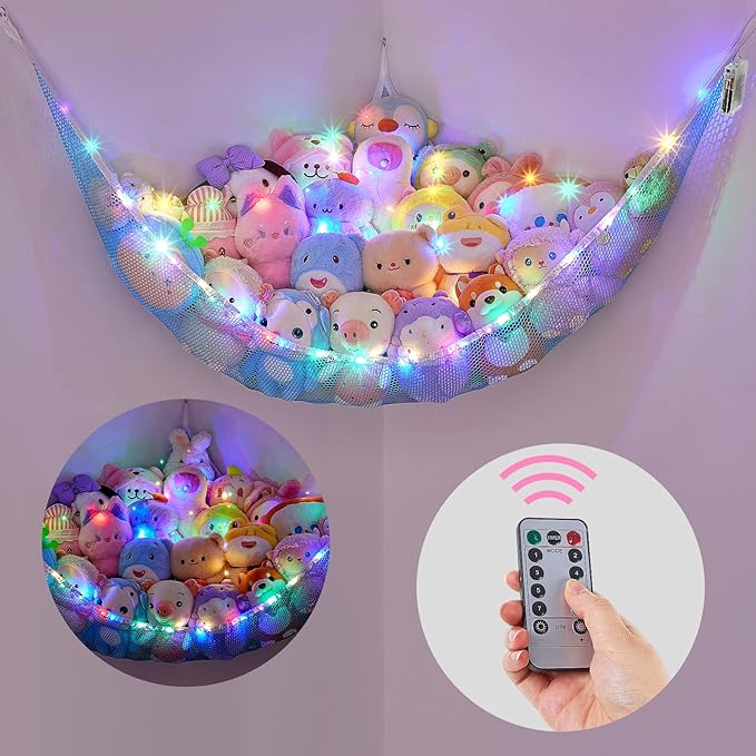 Basumee Stuffed Animals Net or Hammock with LED Light Hanging Toy Net Hammock for Stuffed Animals Storage Stuff Animals Hammocks for Nursery Room with Remote Control, 8 Kinds of Lights(Pack of 1)