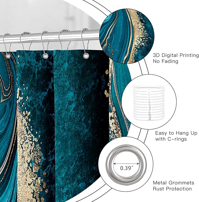 4PCS Teal Blue Gold Marble Shower Curtain Sets with Rugs, Abstract Bathroom Sets with Shower Curtain and Rugs, Modern Bathroom Curtains Shower Set with Accessories for Bathroom Decor