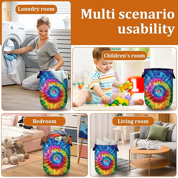 Colorful Tie Dye Laundry Basket with Sturdy Handles, Collapsible Oxford Cloth Laundry Hamper Organizer Basket for Bathroom Bedroom 15.7x20 Inch
