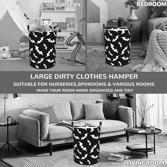 Halloween Bats Collapsible Laundry Basket,Black Bat Bedroom Waterproof Laundry Hamper,Bathroom Large Storage Bag,College Dormitory Living Room Nursery Organizer Toy Bin 16" x 20"
