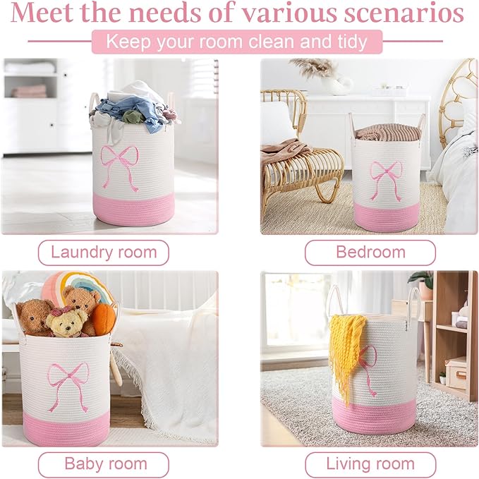 Honeydak Pink Laundry Basket Bow Hamper Coquette Laundry Basket Cotton Rope Pink Hamper 15 x 17.7 Inches Toy Box Large Coquette Bow Teens Girls Room Storage for Blanket Toys Clothes Organization