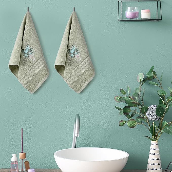 2 Pcs Eucalyptus Hand Towels Gray Green Bathroom Decor 14x29 Inch Embroidered 100% Cotton Soft Absorbent Spring Summer Decorative Hand Towels for Bathroom Kitchen