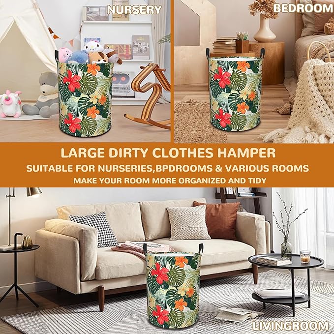 Tropical Palm Leaves Large Storage Basket,Hibiscus Flowers Laundry Hamper/Bathroom/Home Decor/Collapsible Round Storage Bin,Boys Girls Dirty Clothes Hamper/Boxes/Toys Storage 16x20 Inch