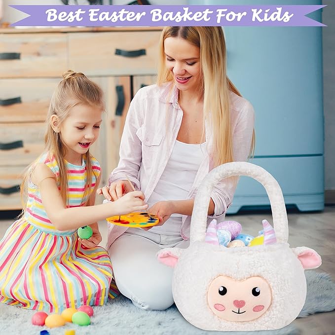 Sheep Easter Basket for Kids, Cute Plush Empty Bucket with small Ears and Handle Egg Hunt Tote Candy Bag Basket for Boys GirlsTeens Gift, Easter Decor White