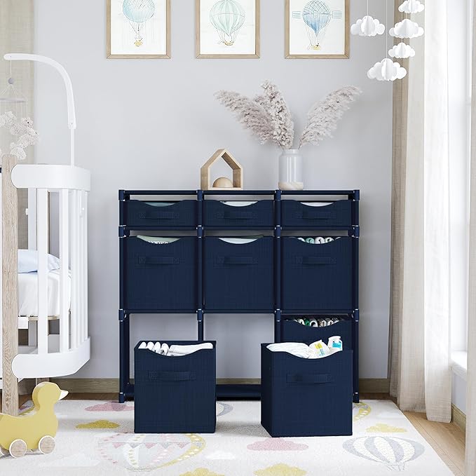 9 Cube Storage Organizer With Bins Included - Closet Storage With 9 Storage Bins - Easy To Assemble Storage Unit With Drawers - Closet Organization For Clothes, Bedroom, Nursery, & Toys (Navy)