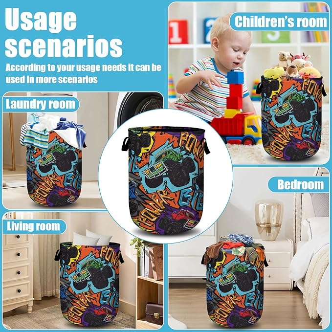 Monster Truck car Laundry Basket, Laundry Hamper Collapsible Oxford Cloth with Handle Clothes Toy Storage Bin for Bathroom Laundry Room Bedroom 15.7 X 20 Inch