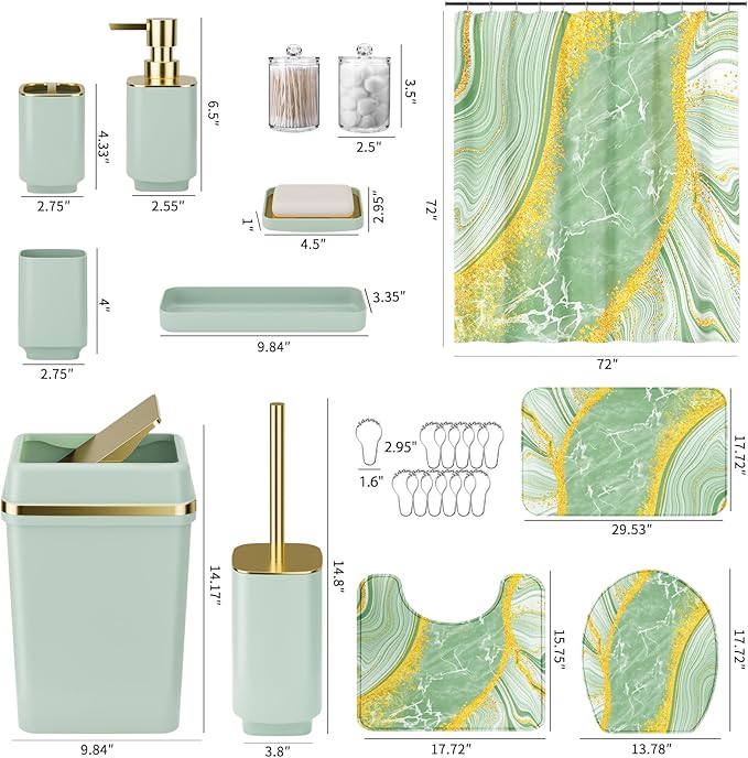 25PCS Bathroom Accessory Set, Green Bathroom Set with Large-Capacity 4 Gallon Trash Can,Bathroom Rugs Set, Waterproof Shower Curtain, Toilet Brush, Toothbrush Holder & Soap Dispenser