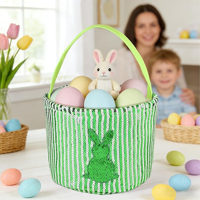 Personalized Easter Basket for Kids, Boys & Girls – Ideal for Egg Hunting & Easter Gift Storage (Green Sequin Bunny Basket)