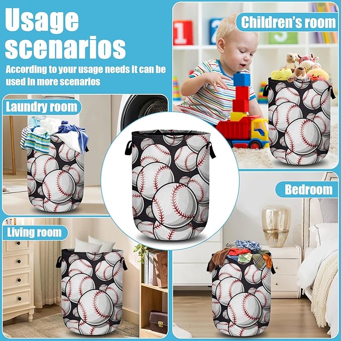 Baseball Softball Laundry Basket, Ball Laundry Hamper Collapsible Oxford Cloth with Handle Clothes Toy Storage Bin for Bathroom Laundry Room Bedroom 15.7 X 20 Inch