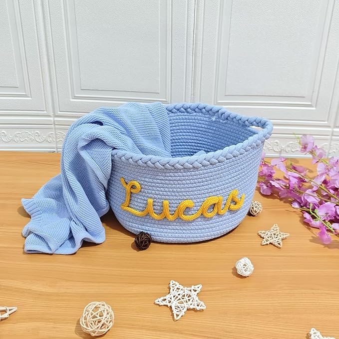 JUPPE Custom Baby Shower Basket, Personzlized Basket with Baby Name, Baby Boy Girl Storage Organizer Cotton Rope Nursery Decor Newborn Gift (style 1) (Style 7)