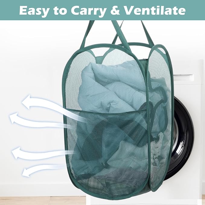 4 Pcs Foldable Mesh Popup Laundry Hamper, Handy Laundry Basket with Easy Carry Handles and Side Pocket Durable Clothes Storage for Bathroom Kids Room Dorm Travel