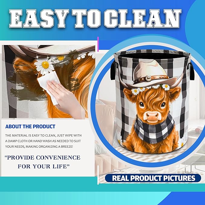 Cute Highland Cow Laundry Basket Oxford Cloth Calf Laundry Hamper With Handle Foldable Portable Clothes Storage Basket 18.9 X 16.5 In Storage Bag For Laundry Room/Bathroom/Bedroom/Dormitories