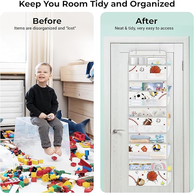 Clastyle Ball Over The Door Organizer Star Nursery Hanging Storage Organizer for Boys Clothes Diaper Toy Closet Door Hanging Shelf Storage for Bedroom Bathroom Pantry, Sport, 5-Tier