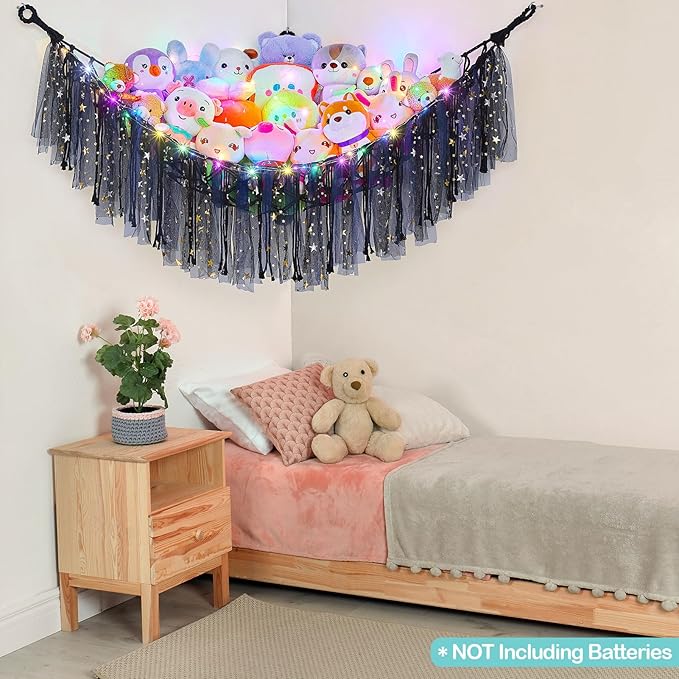 FIOBEE Stuffed Animals Net or Hammock with LED Light, Toy Hammock Hanging Stuffed Animals Storage Organizer Holder Room Décor for Nursery Kids Bedroom