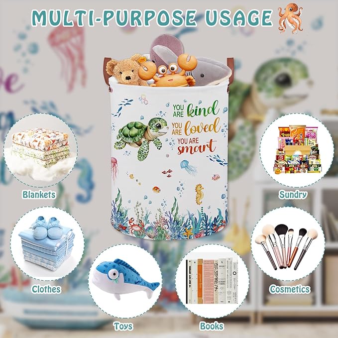 Turtle Kid Laundry Basket 45L,Ocean Themed Bedroom Decor Baby Clothes Hamper,Fish Under The Sea Nursery Decor Beach Pool Towel Storage Bin Pool Toy Box (Blue)