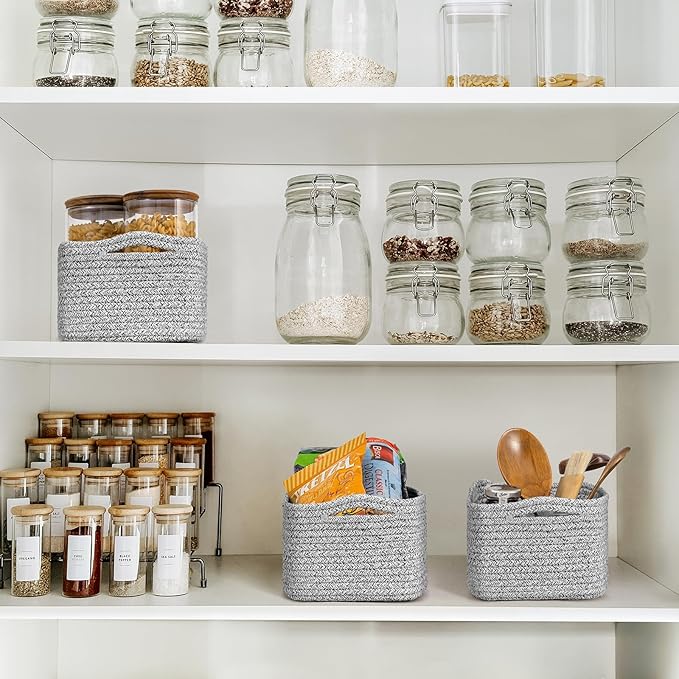 Goodpick Storage Baskets, Small Baskets for Organizing, Toy Storage for Gifting, Woven Rope Shelf Organizer for Nursery Organization 3 Pack, White & Gray, 11 x 7 x 4.5 in