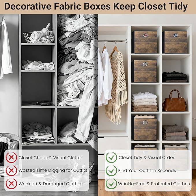 6 Pack Durable Storage Cube Bin with Decorative Wood Grain,Thickened Fabric Box,Storage Basket for Shelf,Closet,Storeroom,Bedroom,Living Room,Nursery,Office,Dorm,RV,10.2x10.2x11in,Brown & Black(Small)