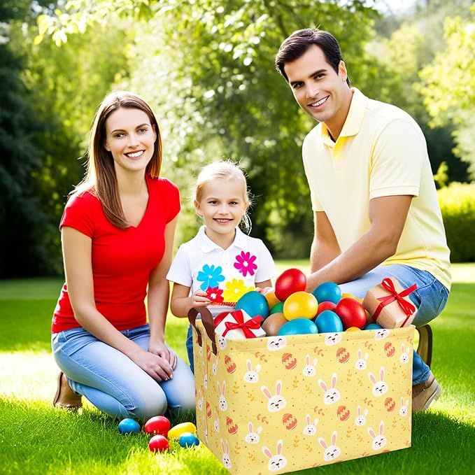 Large Rectangular Cute Kid Easter Basket Empty Bunny Eggs Easter Basket Gift Spring Room Storage Organizer Décor (Rabbit Egg Yellow Background)