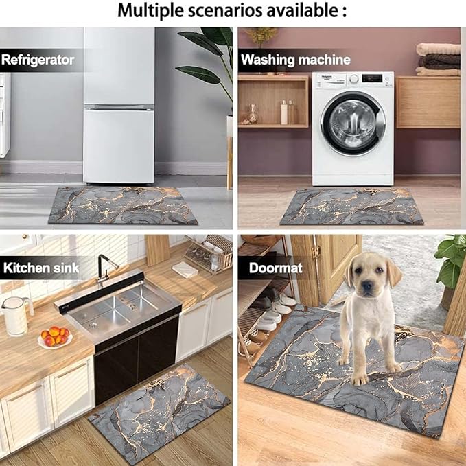 Grey Gold Marble Bathroom Mats Rugs Sets 3 Piece, Abstract Bath Mat Quick Dry Thin Rubber Back Diatomaceous Earth Rugs with U-Shaped Contour Toilet Mat for Bathroom Decor Floor Shower Room