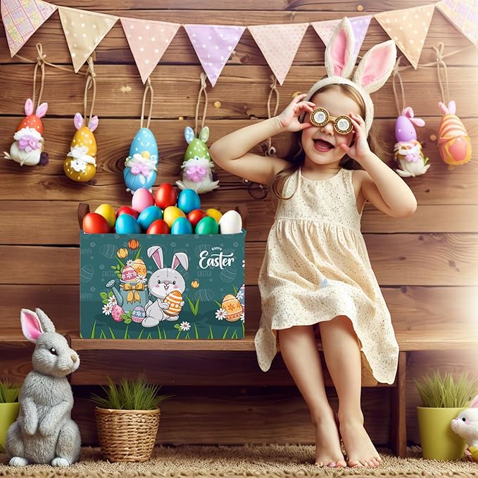 Large Cute Easter Basket for Kid Empty Gift Baby Rectangle Storage Bin Bunny Eggs Boy&Girl Room Décor (Rabbit Blue)