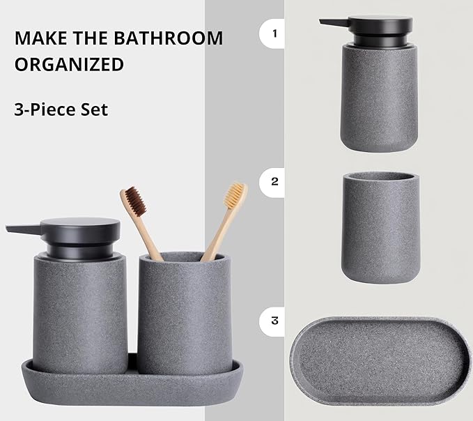 3 Pcs Bathroom Accessories Set, Liquid Soap Dispenser with Large Pump, Toothbrush Holder Cup and Soap Dish, Sandstone Texture Bathroom Counter Set for Modern Home (Gray)