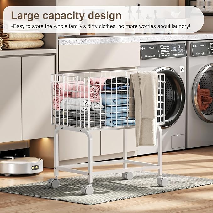 Wire Laundry Hamper Cart,80L Laundry Hamper Trolley with Pull Handle,White High Laundry Basket Cart for Laundry Room,Bathroom,Bedroom-White(23.6 * 15.75 * 28inch)