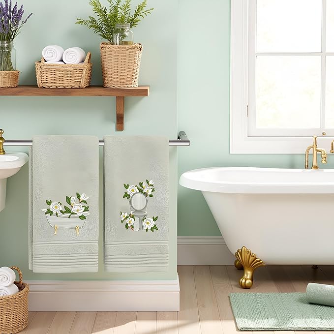 2pcs Sage Green Magnolia Hand Towels for Bathroom Decorative Towels Set 100% Cotton cute Embroidered Spring summer floral bath towels dish kitchen towels Farmhouse Bathroom Decor Gift(Green Magnolia)
