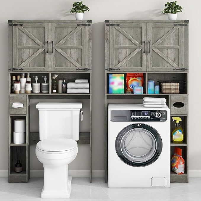 Vabches Over The Toilet Storage Cabinet, Farmhouse Storage Cabinet Over Toilet with 2 Barn Doors & Toilet Paper Holder Stand,Home Space-Saving Toilet Rack, for Laundry, Bathroom, Restroom.Grey Oak