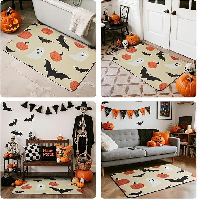 Halloween Bath Mat, Thin Bathroom Rug Non Slip Quick Dry Pumpkin Bath Mat Fits Under Door Thin Floor Mat Halloween Decor, 24''x36'', Pumpkins Bats and Ghost
