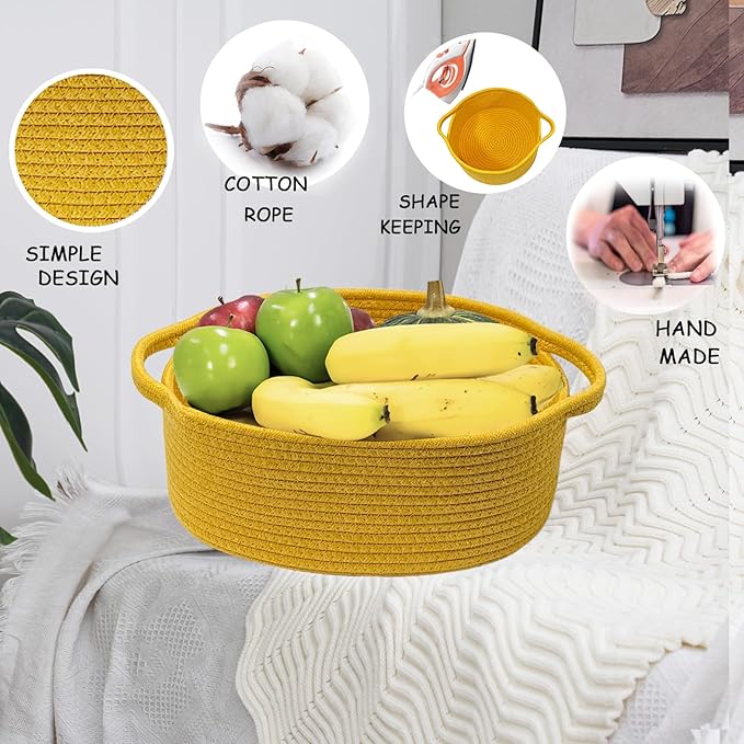 COMFY HOMI Small Woven Gift Baskets with Handles, Gift Bags and Ribbons - Cotton Rope Storage Basket for Organizing, Dog Toy Basket Box, Gift Baskets Empty, Mother’s Day-φ11X5 Inch, Yellow