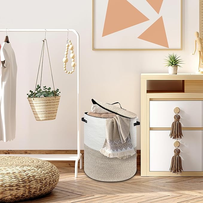 Laundry Hamper with Lid, Large Woven Laundry Basket,Blanket and Toy Storage Basket for Living Room, Bedroom, Bathroom, Nursery (Brown with Zipper, 55L)
