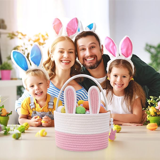 Easter Baskets for Kids, Pink Small Woven Rope Bunny Personalized Easter Basket Empty with Handle, Basket Name Tag, Baby Egg Easter Baskets for Girls Boys Toddler Babies Infant, 9" x 9" x 6.3"