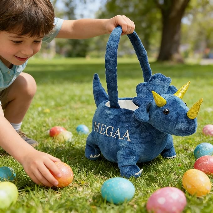 DearSun Personalized 3D Adorable Dark Blue Dinosaur Basket Easter Egg Hunting Basket Easter Gift Basket with Embroidery Name (Dark Blue Dinosaur with Customization)