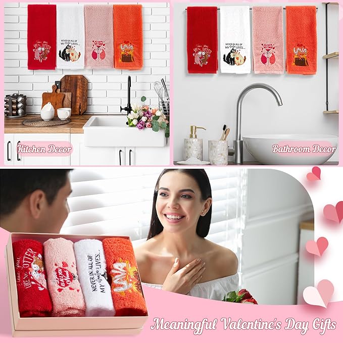 4 Pcs Valentine's Hand Towels Set for Bathroom Kitchen Valentine's Couple Gift 29" x 13" Romantic Funny Animal Embroidered Bath Towel Absorbent Cleaning Cooking for Anniversary Wedding