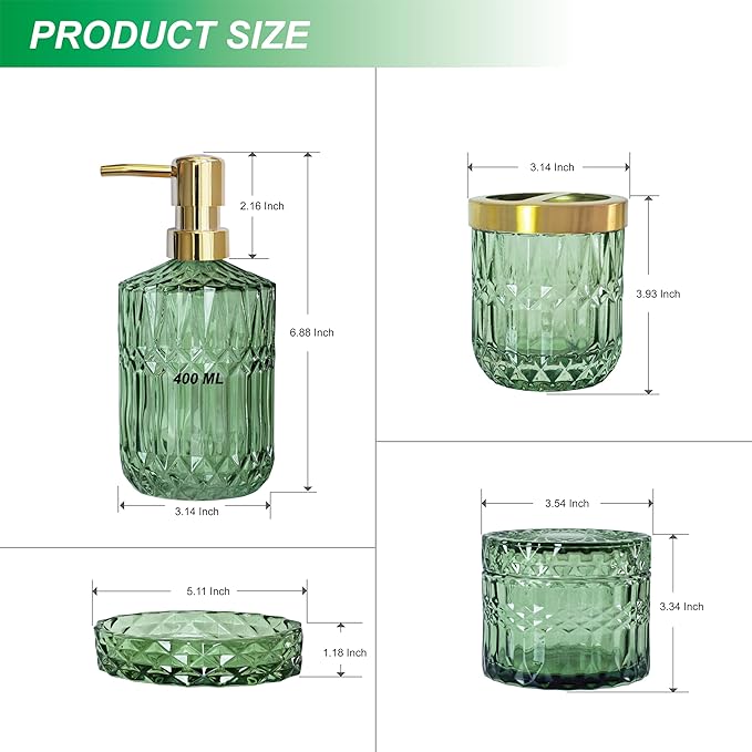 4pcs Glass Bathroom Accessories Set, Clear Green Bathroom Soap Dispenser Set, Toothbrush Holder, Soap Dish, Soap Dispenser, Qtips Holder Set for Crystal Vintage Bath Decor (Green)