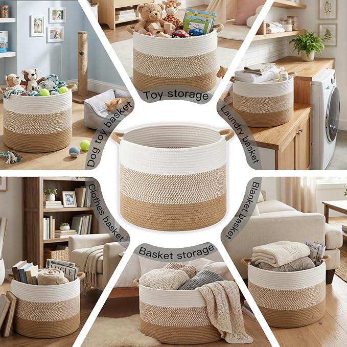 Large Natural Woven Blanket Basket, 70L Boho Decorative Cotton Rope Basket for Blankets Pillows and Toddler Toy Storage, Rope Blanket Storage for Living Room, Laundry, Nursery (Brown)