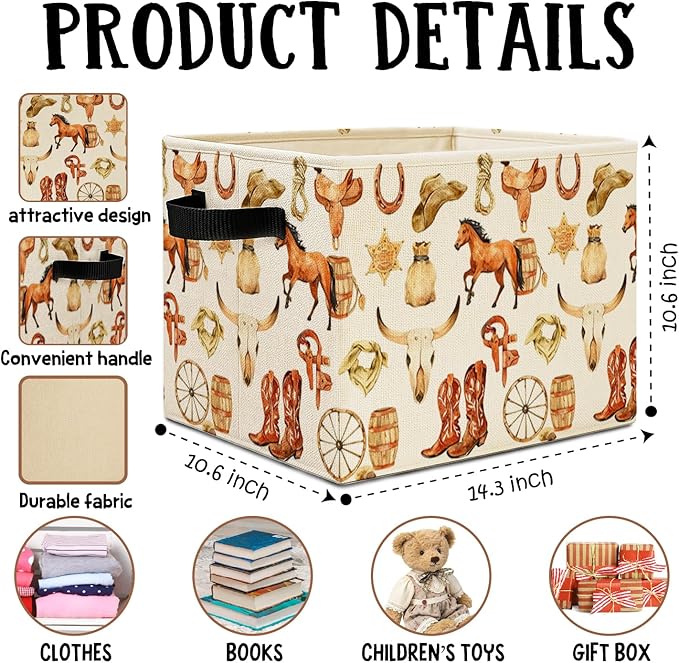 Western Cowboy Horse Storage Bins Box with Handles, Vintage Cowboy Boots Hat Bull Skull Southwestern Laundry Basket Hamper Collapsible Clothes Toys Organizer for Bedroom Bathroom Home