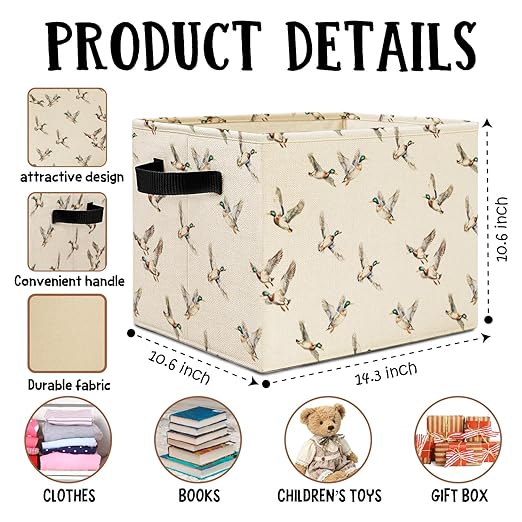 Rustic Mallard Duck Storage Bins Box with Handles, Mallard Duck Nursery Decor, Farmhouse Ducks Laundry Basket Hamper Collapsible Clothes Toys Organizer for Kids Boys Bedroom Bathroom