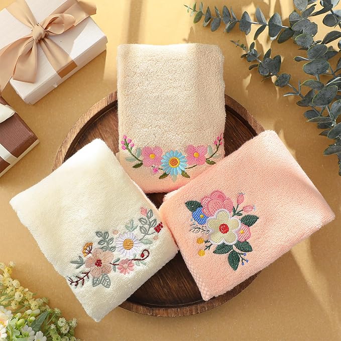 3 Pcs Boho Flowers Hand Towels Embroidered Modern Flowers Bathroom Decor 14x29 Inch Farmhouse Boho 100% Cotton Soft Decorative Hand Towels for Bathroom Kitchen
