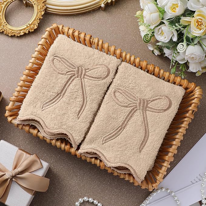 2 Pcs Brown Scalloped Hand Towels for Bathroom 26 x 13 Embroidery Coquette Bow Hand Towels 100% Cotton Soft Absorbent Boho Bath Decor for Kitchen Bathroom