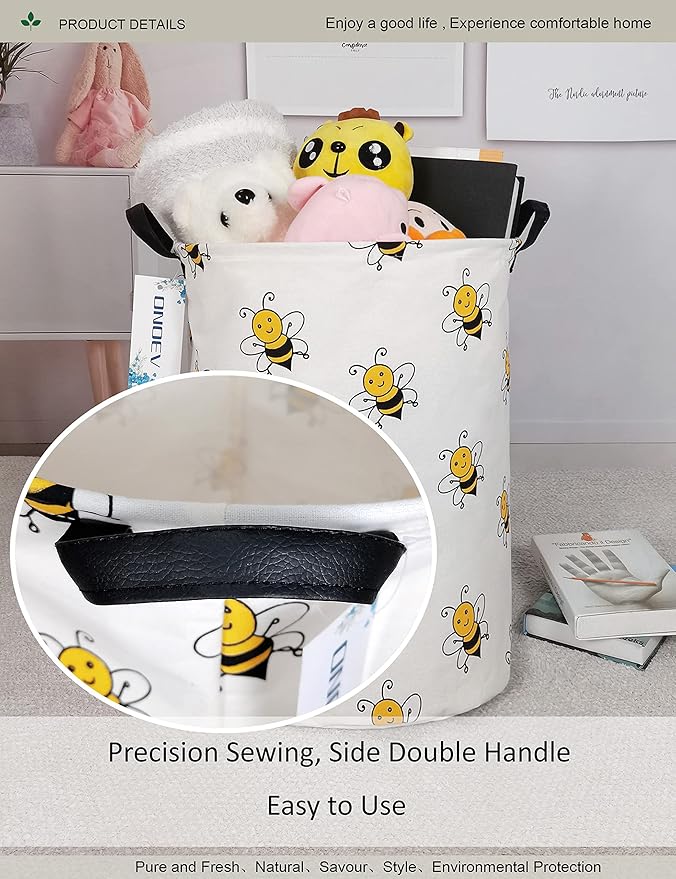 Round Folding Laundry Hamper, Canvas Basket,Nersury Hamper,Suitable for Children,Office,Bedroom,Clothes,Toys Storage(Bee)