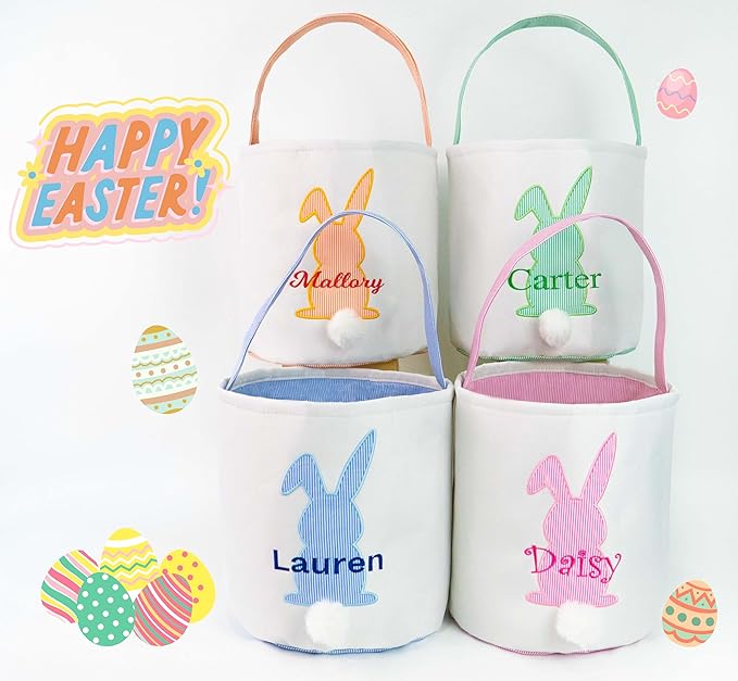 MT WORLD Easter Bunny Basket Personalized Easter Egg Bucket for Kids with Name Canvas Rabbit Toy Baskets for Toddler Boys Girls Easter Egg Hunts Decorations Candy Gifts Storage Basket (Orange Stripe)