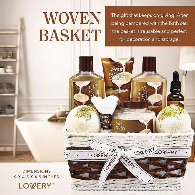 Gifts For Women Gift Basket for Womenβ 9 Piece Set of Vanilla Coconut Home Spa Set, Luxurious Valentines Day Gifts for Her, Bath and Body Sets Includes Fragrant Lotions, Large Bath Bombs, Coconut Oil