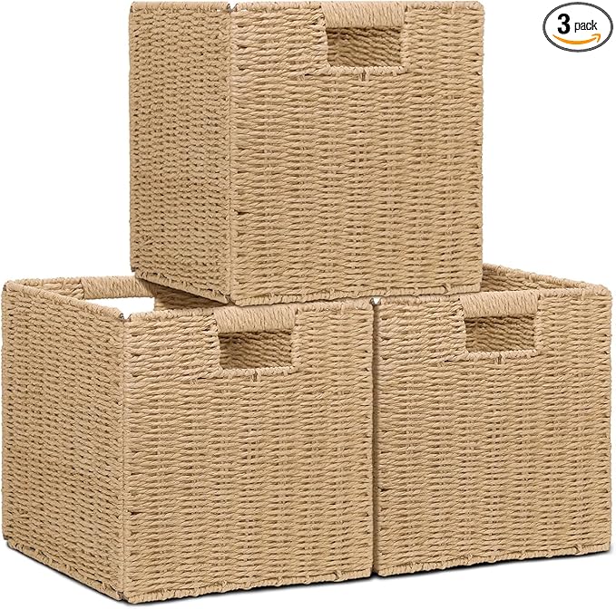 10.5x10.5in Storage Baskets Set Water Hyacinth Baskets,Foldable Handwoven Storage Cubes,Wicker Cube Baskets Laundry Organizer Totes for Bathroom, Bedroom, Laundry, Pantry, Shelves (3, Light Brown)